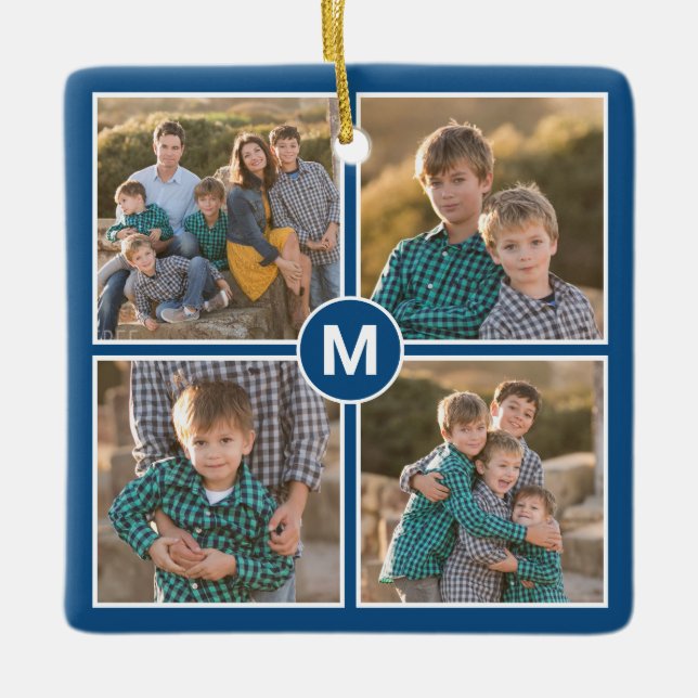 Custom 4 Photo Collage with Monogram on Blue Ceramic Ornament (Front)