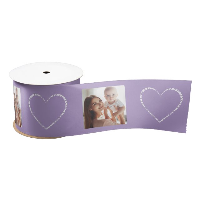 Custom 4-Photo Cute White Decorative Hearts, Lilac Satin Ribbon (Spool)