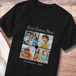 Custom 4 Photo Family Name Love Grows Here Quote  T-Shirt