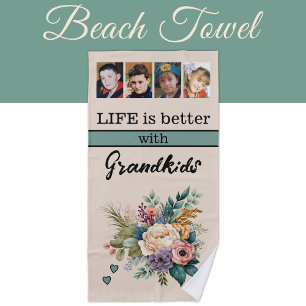 Custom 4 photo grandkids floral green beach towel