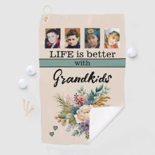 Custom 4 photo grandkids floral green golf towel