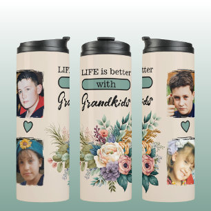 Custom 4 photo grandkids floral green thermal tumbler