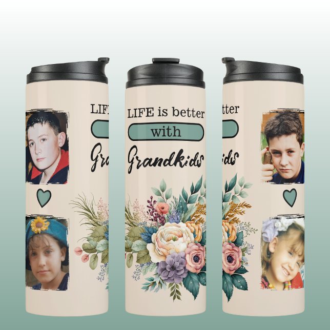 Custom 4 photo grandkids floral green thermal tumbler (Creator Uploaded)