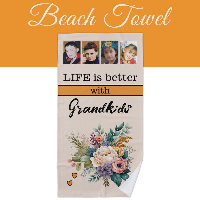 Custom 4 photo grandkids floral orange beach towel (Creator Uploaded)