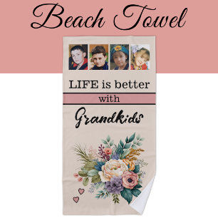 Custom 4 photo grandkids floral pink beach towel
