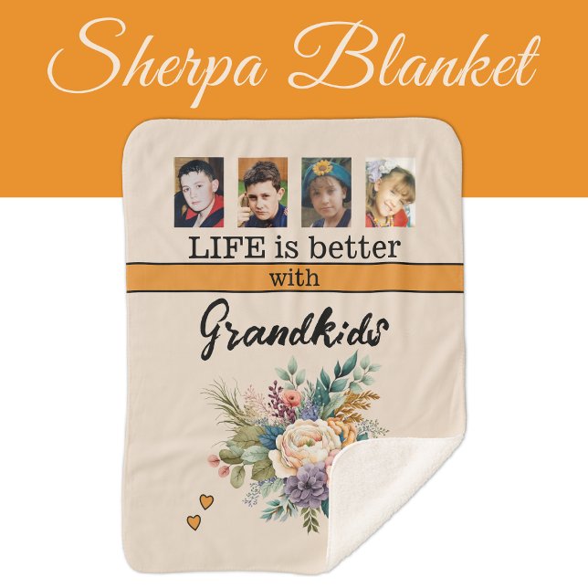 Custom 4 photo grandkids flowers orange sherpa blanket (Creator Uploaded)