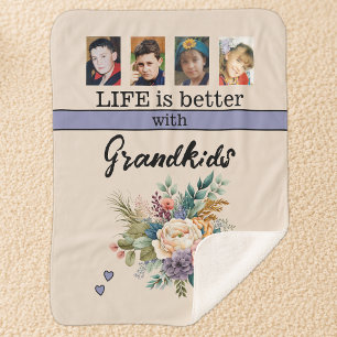 Custom 4 photo grandkids flowers purple sherpa blanket