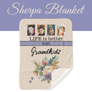 Custom 4 photo grandkids flowers purple sherpa blanket