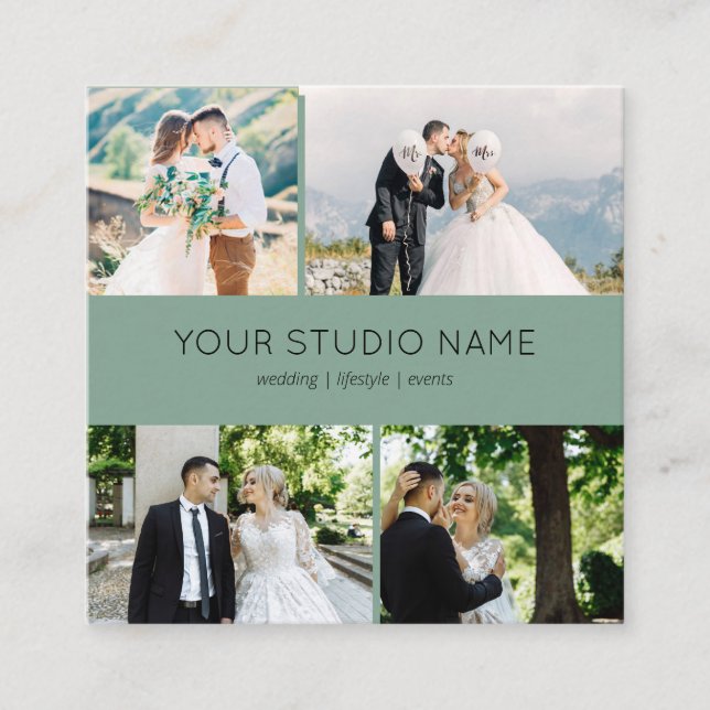 Custom 4 Photo Minimalist Photographer Sage Green Square Business Card (Front)