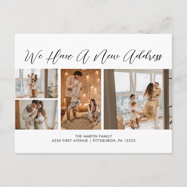 Custom 4 Photos Black White Casual Script Moving Postcard (Front)
