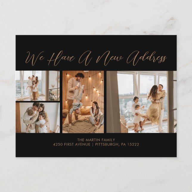 Custom 4 Photos Gold Black Casual Script Moving Postcard (Front)