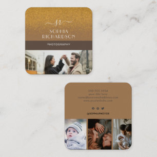 Custom 4 Photos Gold Glitter Monogram Brown Square Business Card