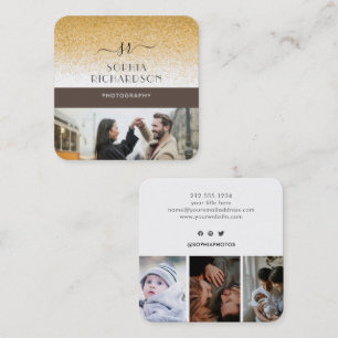 Custom 4 Photos Gold Glitter Monogrammed Square Business Card