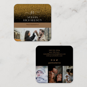 Custom 4 Photos Gold Glitter Signature Monogram Square Business Card