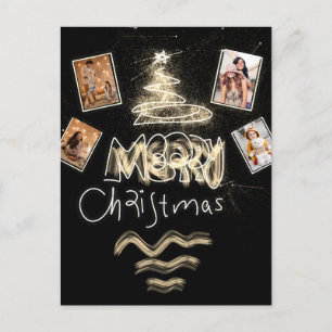 Custom 4 Photos Holography Gold Glitter Tree Postcard