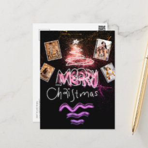 Custom 4 Photos Holography Pink and Golden Tree Postcard