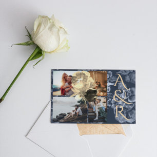 Custom 4 Photos Navy Blue Golden Floral Wedding Invitation