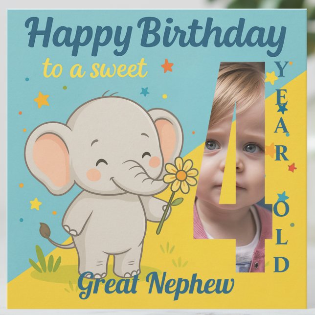 Custom 4th Birthday Elephant Sweet Your Photo Card (Creator Uploaded)