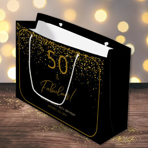 Custom 50 Fabulous Birthday Gold Black Glitter Large Gift Bag