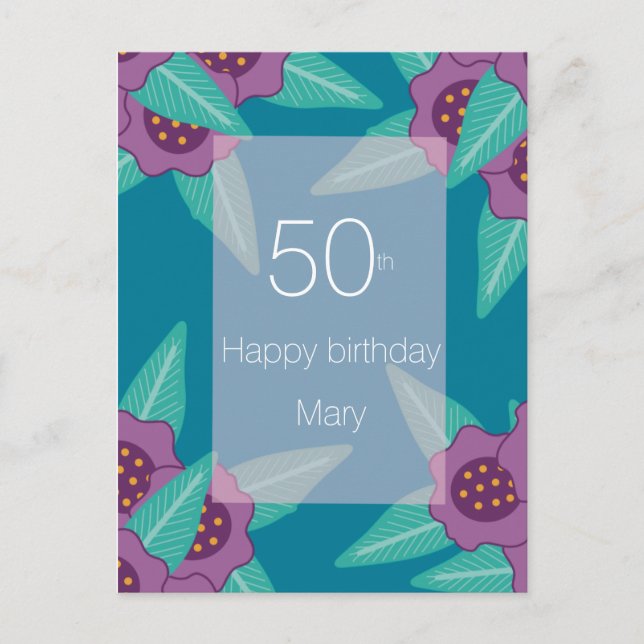 custom 50th birthday floral blue name modern  holiday postcard (Front)