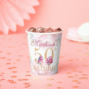 Custom 50th Birthday Floral Pink Gold Glitter Paper Cups