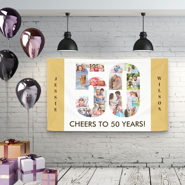 Custom 50th Birthday Party Neutral Photo Collage Banner (Creator Uploaded)