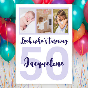 Custom 50th Birthday Purple Script Photo Collage Invitation