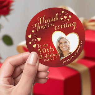 Custom 50th Birthday Red and Gold Thank You Favour Classic Round Sticker