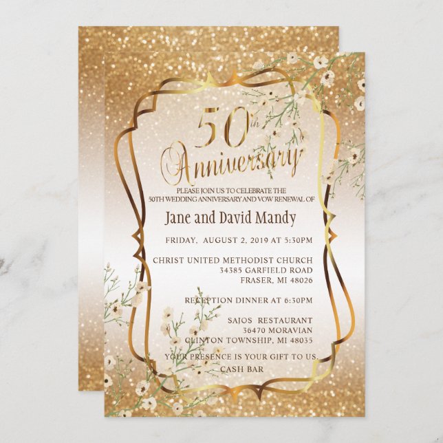 Custom - 50th Gold Glitter Wedding Anniversary Invitation (Front/Back)