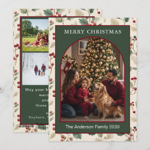 Custom 5-Photo Christmas Card Arch Green Red Holly