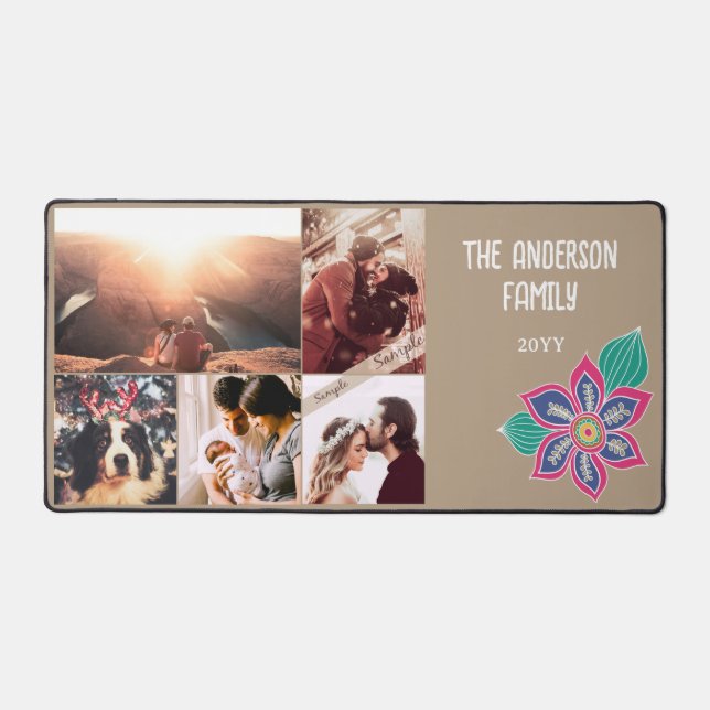 Custom 5 Photo Collage Colourful Bohemian Flower  Desk Mat (Front)