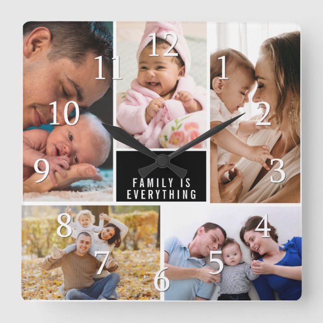Custom 5 Photo Collage Family Is Everything Quote Square Wall Clock (Front)