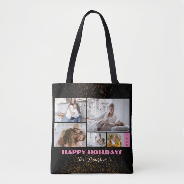 Custom 5 Photo Pink and Black Holiday Tote Bag (Front)