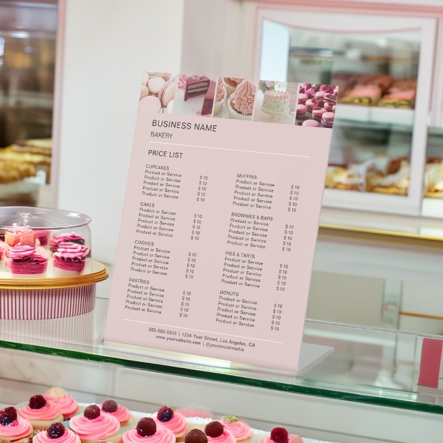 Custom 5 Photos Bakery Pink Price List Pedestal Sign (Custom Bakery Confectionery Cake Shop Price List Pedestal Sign)