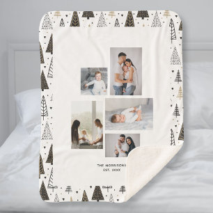 Custom 5 Photos Collage Name Winter Pine Trees Sherpa Blanket