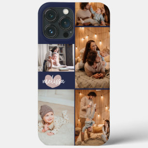 Custom 5 Photos Cute Heart Script Name Navy Blue iPhone 13 Pro Max Case