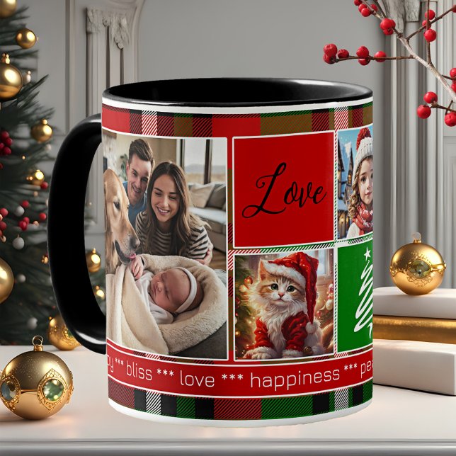Custom 5 Photos Green Red Plaid Christmas Coffee Mug (Christmas mug featuring 5 custom photos on a green red plaid design with tree and snowflake outlines)