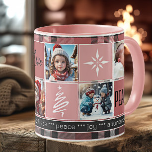 Custom 5 Photos Sweet Pink Plaid Christmas Coffee Mug