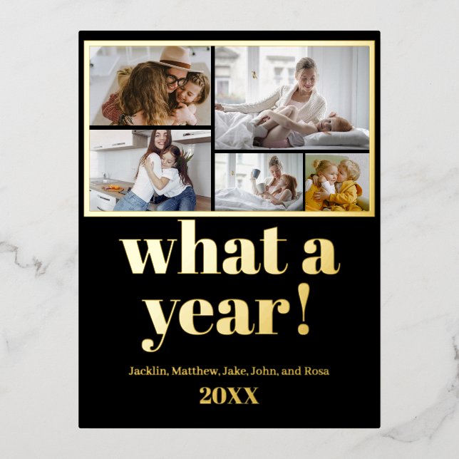 Custom 5 Photos Typography Foil Holiday Postcard (Front)