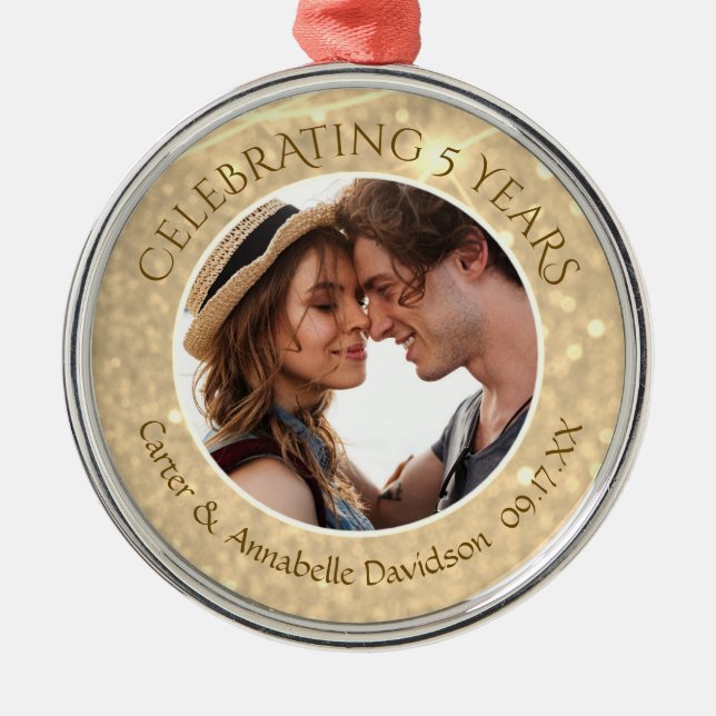 Custom 5th Anniversary | Gold Sparkle Photo Metal Tree Decoration (Front)