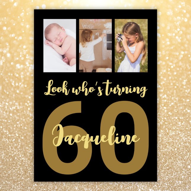 Custom 60th Birthday Gold Modern Photo Collage Invitation (Creator Uploaded)