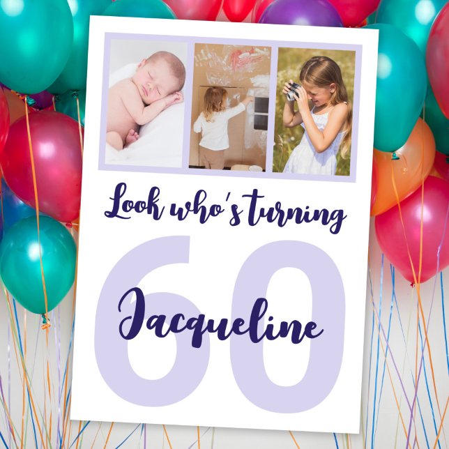 Custom 60th Birthday Purple Script Photo Collage Invitation (Creator Uploaded)
