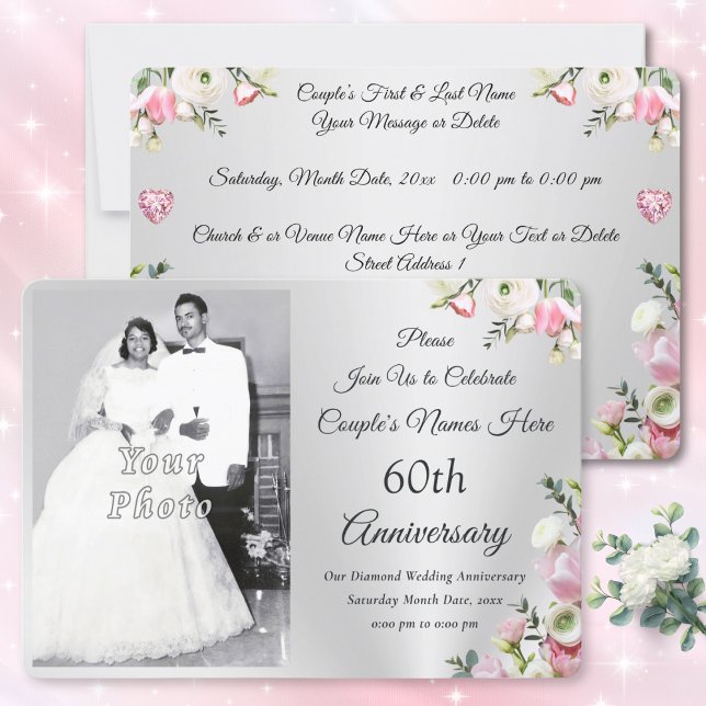 Custom, 60th Wedding Anniversary Party Invitations (Photo, 60th anniversary invitations online. Personalized, Diamond anniversary invitations. Silver.)