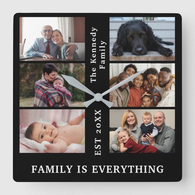 Custom 6 Family photo collage with Family name Square Wall Clock (Front)