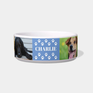 Custom 6 Pet Photo Collage Dog Name blue Bowl