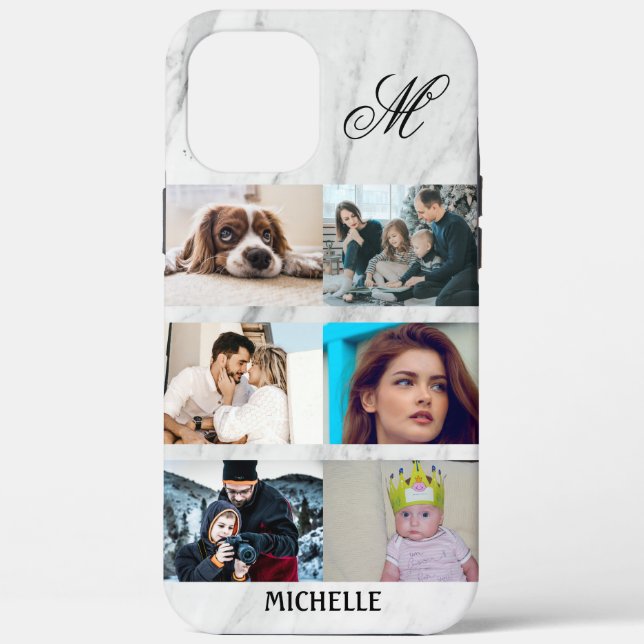Custom 6 Photo Collage Monogram Name White Marble  Case-Mate iPhone Case (Back)