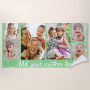 Custom 6 Photo Collage Script Text Light Green Beach Towel