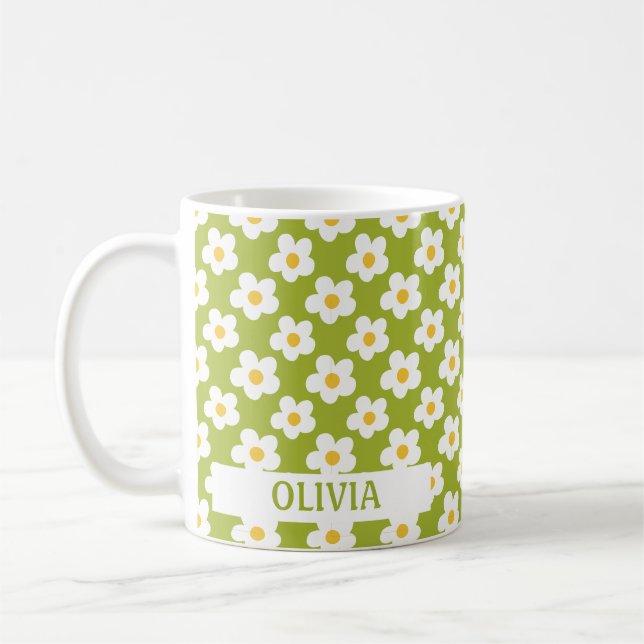 Custom 70s Groovy Daisy Retro Floral Boho Green Coffee Mug (Left)