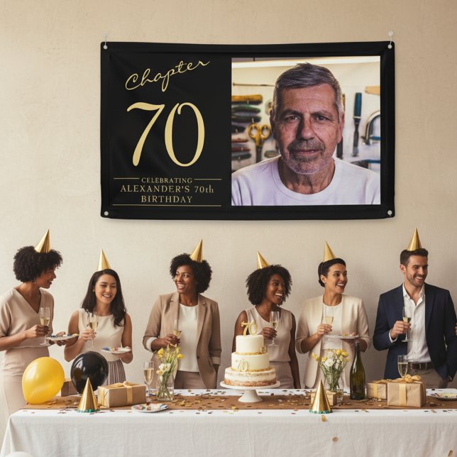 Custom 70th Birthday Banner with Photo & Name (Large 70th birthday banner on a wall above people)