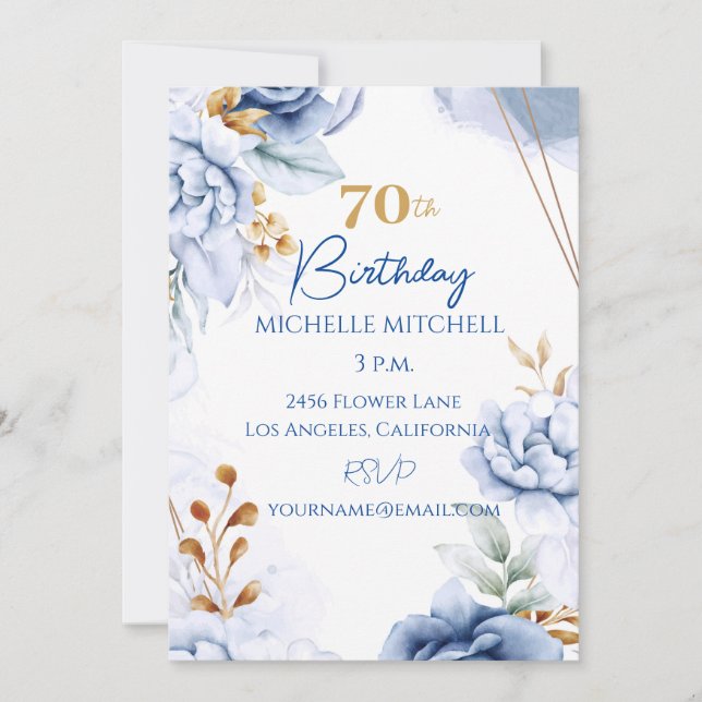 Custom 70th Birthday Blue Gold                   Invitation (Front)